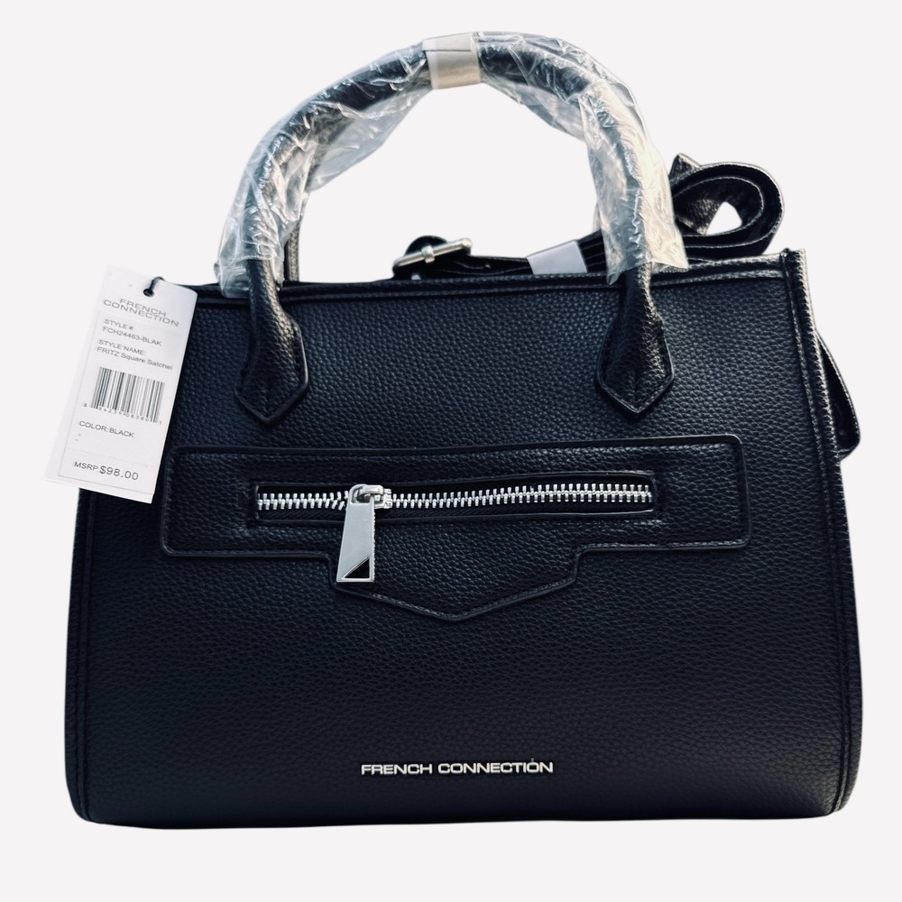 French Connection Fritz Square Satchel Black Vegan Leather Office Handbag NWT‎